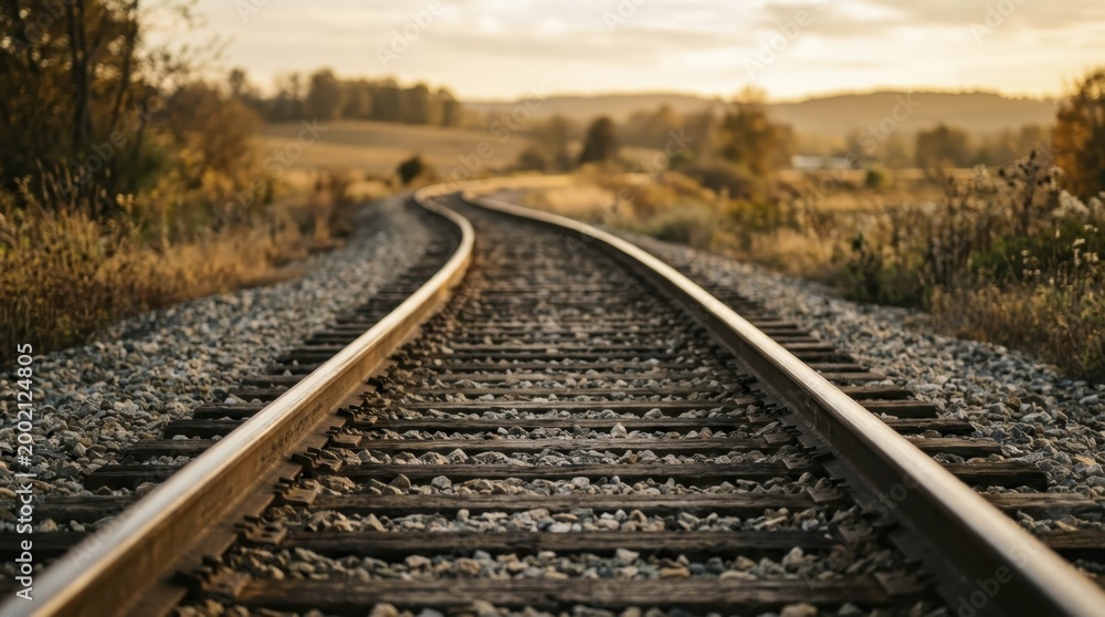 Obraz premium Railroad tracks stretching through a scenic countryside landscape during summer sunset