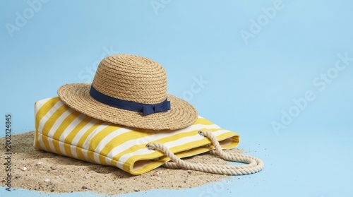 Straw sun hat and yellow striped beach bag on sand against blue background