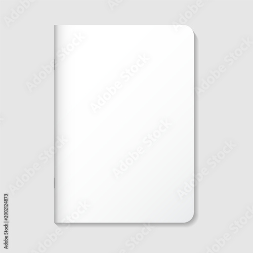Blank white notebook mockup rounded corners and staple saddle stitch binding. Vertical thin paper booklet or exercise book isolated for branding and stationery. Realistic vector illustration.