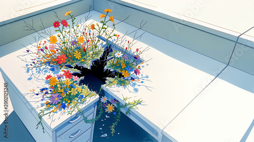 Black bird silhouette crashing through a white office desk surrounded by an explosion of colorful wildflowers breaking free from corporate monotony