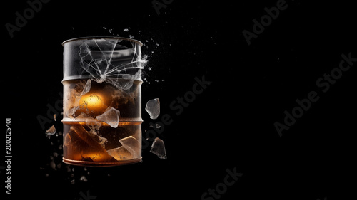 Cracked translucent dark amber glass oil barrel floating in black space with surreal spiderweb fractures and drifting shards symbolizing energy supply collapse