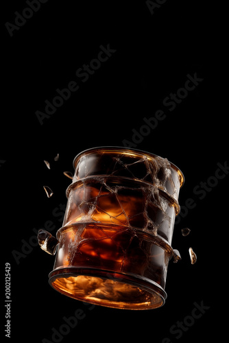 Cracked translucent dark amber glass oil barrel floating in black space with surreal spiderweb fractures and drifting shards symbolizing energy supply collapse