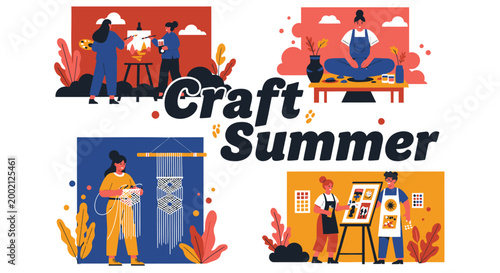 Summer craft, art, and hobby icons, colorful illustrations, vector graphics