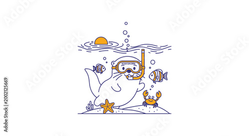 Underwater scene, cartoon seal, scuba diving, ocean creatures, vector illustration