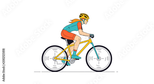 Energetic female cyclist wearing athletic attire and safety helmet pedals a yellow bicycle portraying speed and active healthy lifestyle as she enjoys outdoor recreation and physical fitness