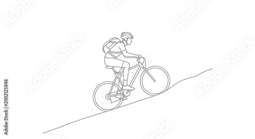 Active person with helmet and backpack riding a bicycle uphill depicting a challenging ascent on a rough terrain representing outdoor adventure and physical exertion and cycling sports on a