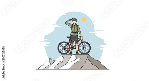 Adventure seeker stands proudly atop a rugged mountain peak with a bicycle surveying the scenic landscape as a symbol of exploration achievement and outdoor recreation embodying the spirit of