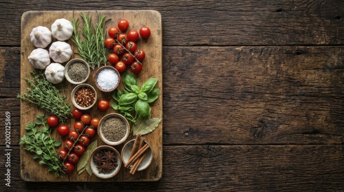 Assortment of fresh summer ingredients and spices on rustic wooden cutting board