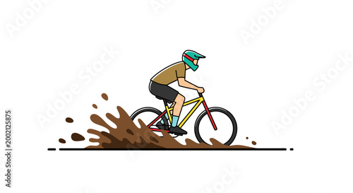 Exciting mountain biker speeding through a dirt puddle creating a splash of mud on a trail showcasing off road adventure and downhill cycling sports activity and extreme recreation