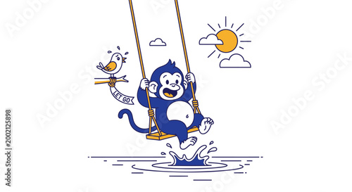 Fun, playful monkey on swing, blue and white illustration, summer fun, vector icon
