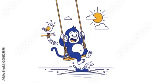 Fototapeta Fun, playful monkey on swing, blue and white illustration, summer fun, vector icon