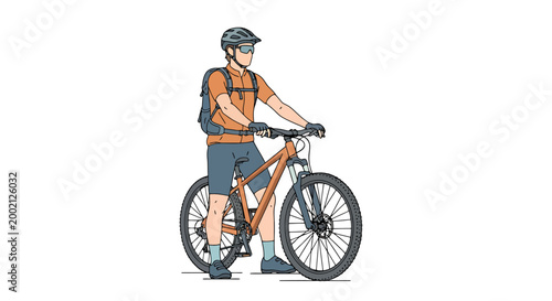 Cyclist wearing helmet and backpack with mountain bicycle ready for outdoor adventure on rugged terrain exploring nature trails active lifestyle and sport activity concept recreational pursuit