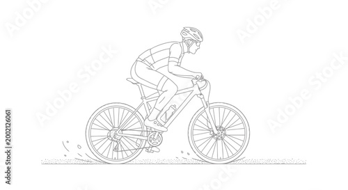 Active person wearing cycling apparel and protective headwear enjoys a thrilling outdoor ride navigating challenging terrain with energy and determination depicted in a dynamic line drawing style