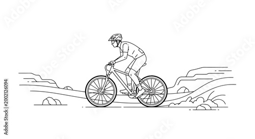 Active person enjoying trail riding on a bicycle across rough terrain with rocks and hills depicted in a line art style capturing the spirit of outdoor cycling adventure and recreational