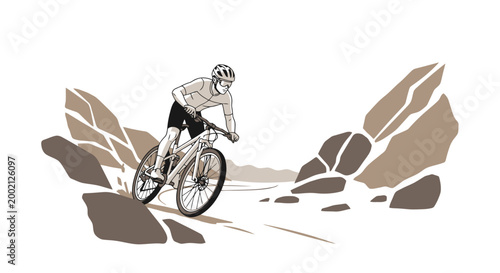 Man rides a bicycle downhill on a dirt path between rocky formations enjoying an outdoor sport adventure and athletic activity on a sunny day with clear skies portraying a healthy lifestyle and