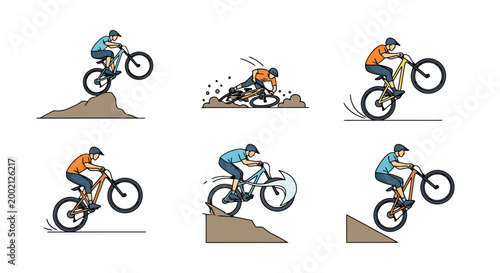 Action depictions of individuals performing various cycling maneuvers on challenging terrain showcasing stunts jumps and dynamic motion perfect for depicting extreme sports and adventurous
