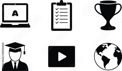 Collection of flat educational icons including a laptop with the letter A checklist trophy graduate play button and planet earth isolated on transparent background