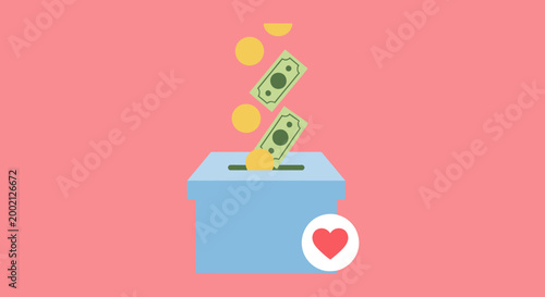 Illustration of money and coins falling into a donation box with a heart icon, symbolizing charity and giving.