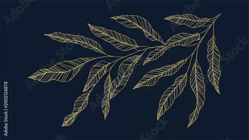 A delicate golden branch with long, slender leaves on a deep navy blue background, evoking a minimalist botanical aesthetic