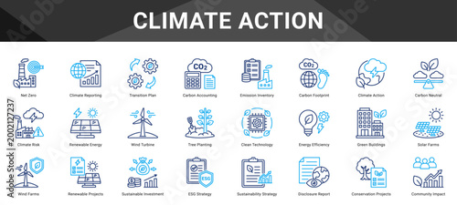 CLIMATE ACTION  Icon set collection. Vector icon pack featuring thematic icons for your presentations or business.
