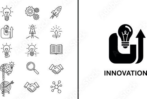Creative innovation icons set with lightbulb and upward arrow
