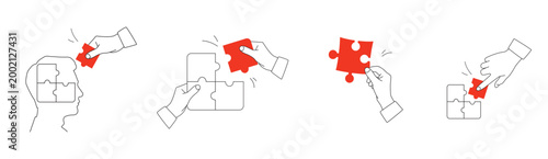 Hands with puzzle pieces - a collection of linear design elements with a red accent.  Vector illustration on a white background