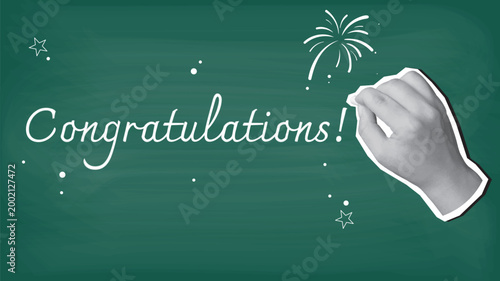 A hand writes a text Congratulations on a blackboard with chalk. Modern collage style. Vector illustration