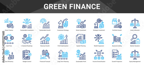 GREEN FINANCE  Icon set collection. Vector icon pack featuring thematic icons for your presentations or business.