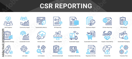 CSR REPORTING  Icon set collection. Vector icon pack featuring thematic icons for your presentations or business.