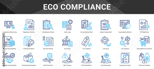 ECO COMPLIANCE  Icon set collection. Vector icon pack featuring thematic icons for your presentations or business.