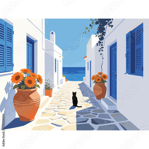 greece_santorini_street_cat_sunflowers_vector_illustration