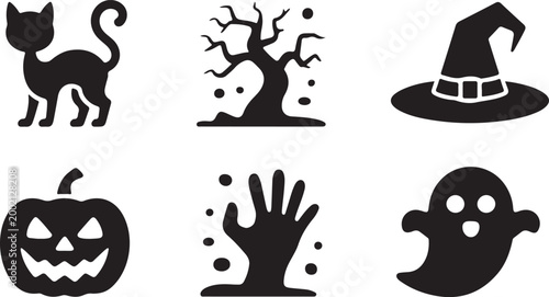Set of black halloween icons with cat tree witch hat pumpkin zombie hand and ghost