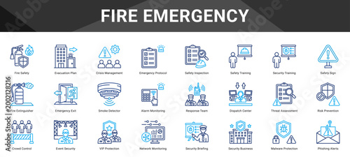 FIRE EMERGENCY  Icon set collection. Vector icon pack featuring thematic icons for your presentations or business.
