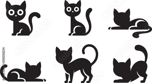 Set of cute black cat silhouettes in different poses and playful expressions for graphic design