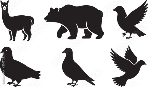 Set of black animal silhouettes featuring a bear, llama, and various birds in simple graphic style