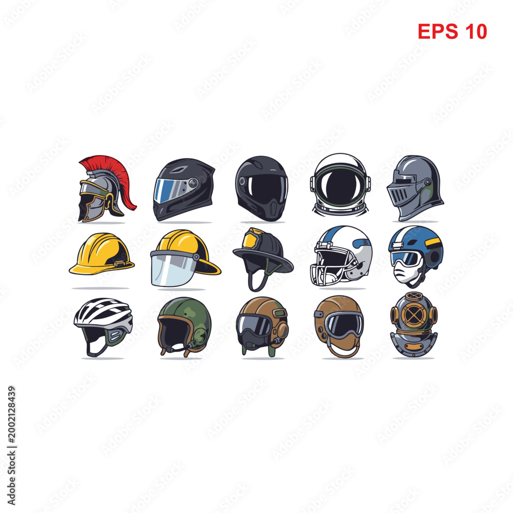 Fototapeta premium Collection of diverse helmets for various activities and professions.