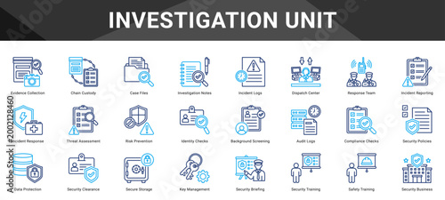 INVESTIGATION UNIT  Icon set collection. Vector icon pack featuring thematic icons for your presentations or business.