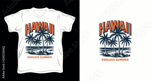 Hawaii endless summer colorful t-shirt design with blue palm trees and retro typography for vacation apparel.