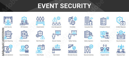 EVENT SECURITY  Icon set collection. Vector icon pack featuring thematic icons for your presentations or business.
