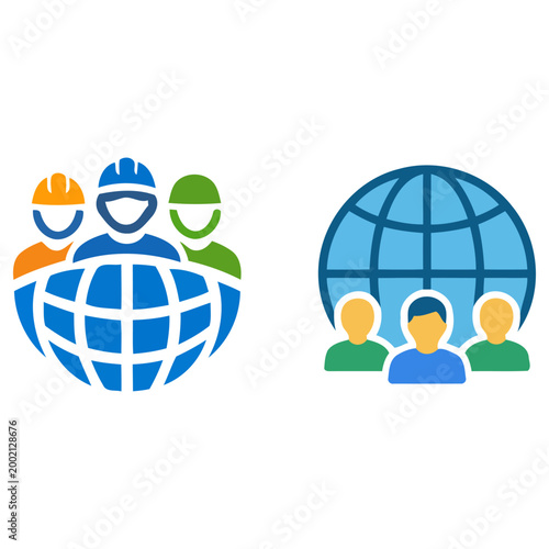 Global workforce and international business team icon set, colorful flat vector silhouettes of workers with world globe for global logistics and worldwide employment concept