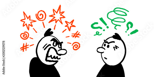 Comic character conflict scene with expressive faces and doodle symbols showing aggression and confusion in a simple hand drawn style. Comic character interaction with graphic effects.