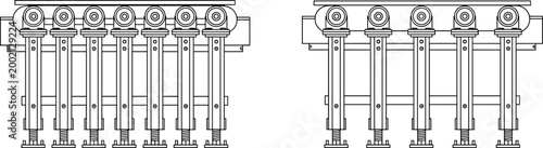 Black and white technical drawing of mechanical roller support assemblies with vertical columns, cylindrical rollers and structural design details