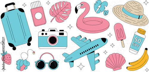 Summer travel and vacation vector set with suitcase airplane camera flamingo float tropical leaves sun hat and beach accessories