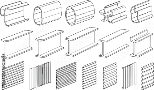 Technical engineering illustration showing diverse structural cross‑section profiles including C‑channels, hollow circular sections, I‑beams and corrugated panels