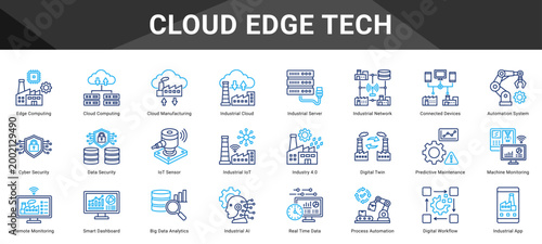 CLOUD EDGE TECH  Icon set collection. Vector icon pack featuring thematic icons for your presentations or business.