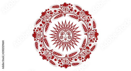 Scandinavian Midsummer Sun Vector Medallion with Symmetrical Kurbits Floral Wreath