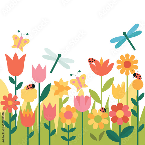 A vibrant and whimsical digital illustration showcases a cheerful garden brimming with colorful tulips, daisies, and other blooming flowers, buzzing with ladybugs and butterflies