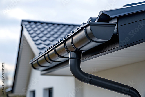 Close-up of a seamless aluminum gutter fixed along a modern roof edge. Home drainage and exterior construction concept.