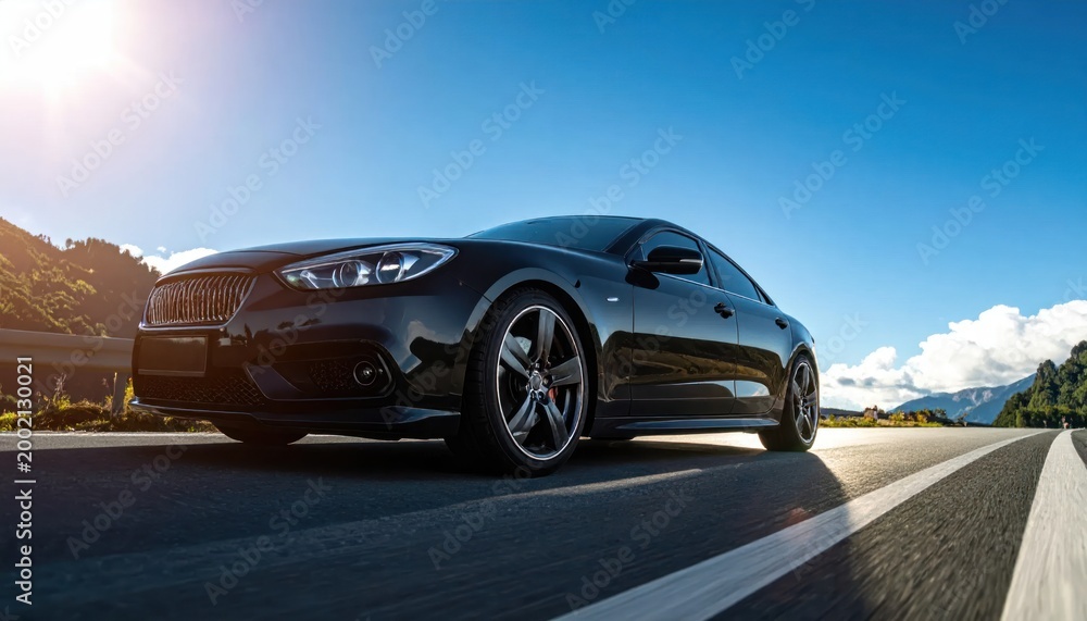 Fototapeta premium Sleek Black Luxury Sedan Driving on Scenic Highway Under Bright Sunny Sky.