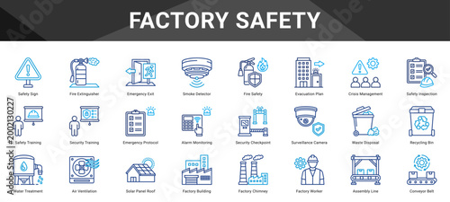 FACTORY SAFETY  Icon set collection. Vector icon pack featuring thematic icons for your presentations or business.